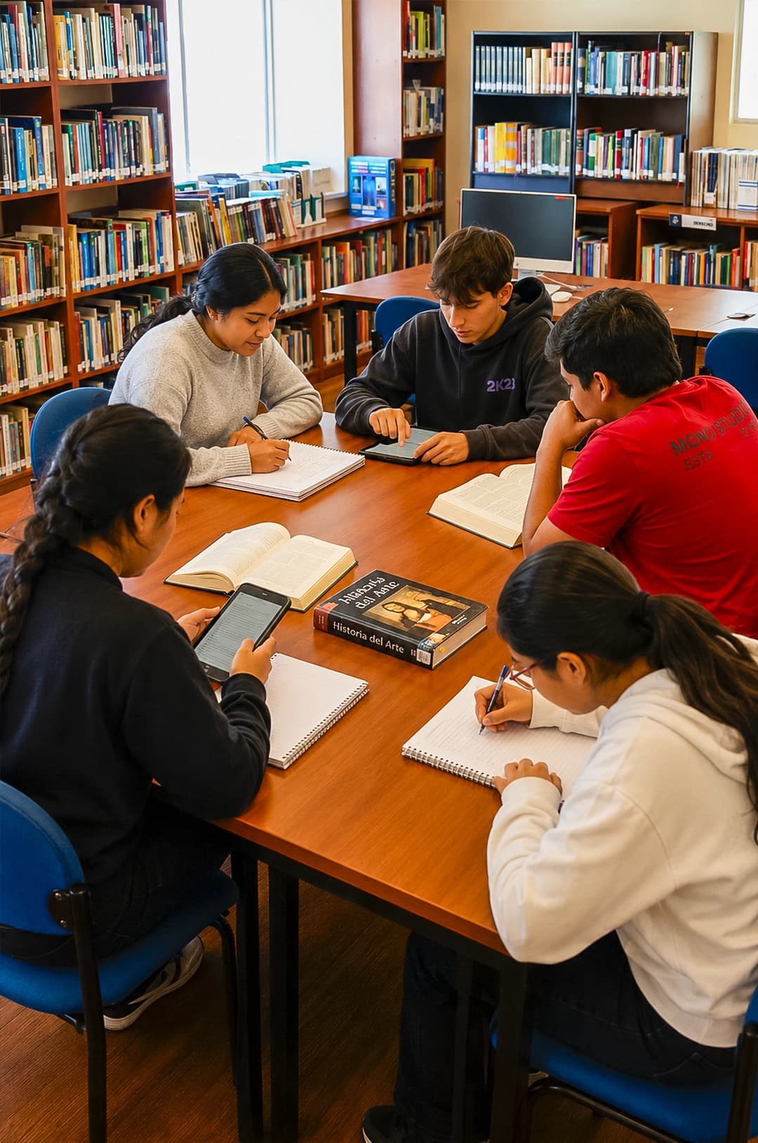 Estudiantes colaborando en la biblioteca